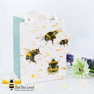 Bree Merryn Medium sized gift bag featuring her fine art painting of bumblebees against colourful splash background, with gift tag