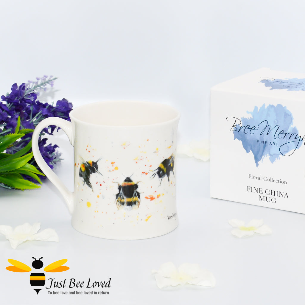 Bree Merryn three bumblebees against colourful splash background fine china mug, gift boxed