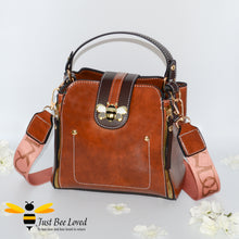 Load image into Gallery viewer, Flap over bumblebee two-toned vegan friendly leather handbags in brown.