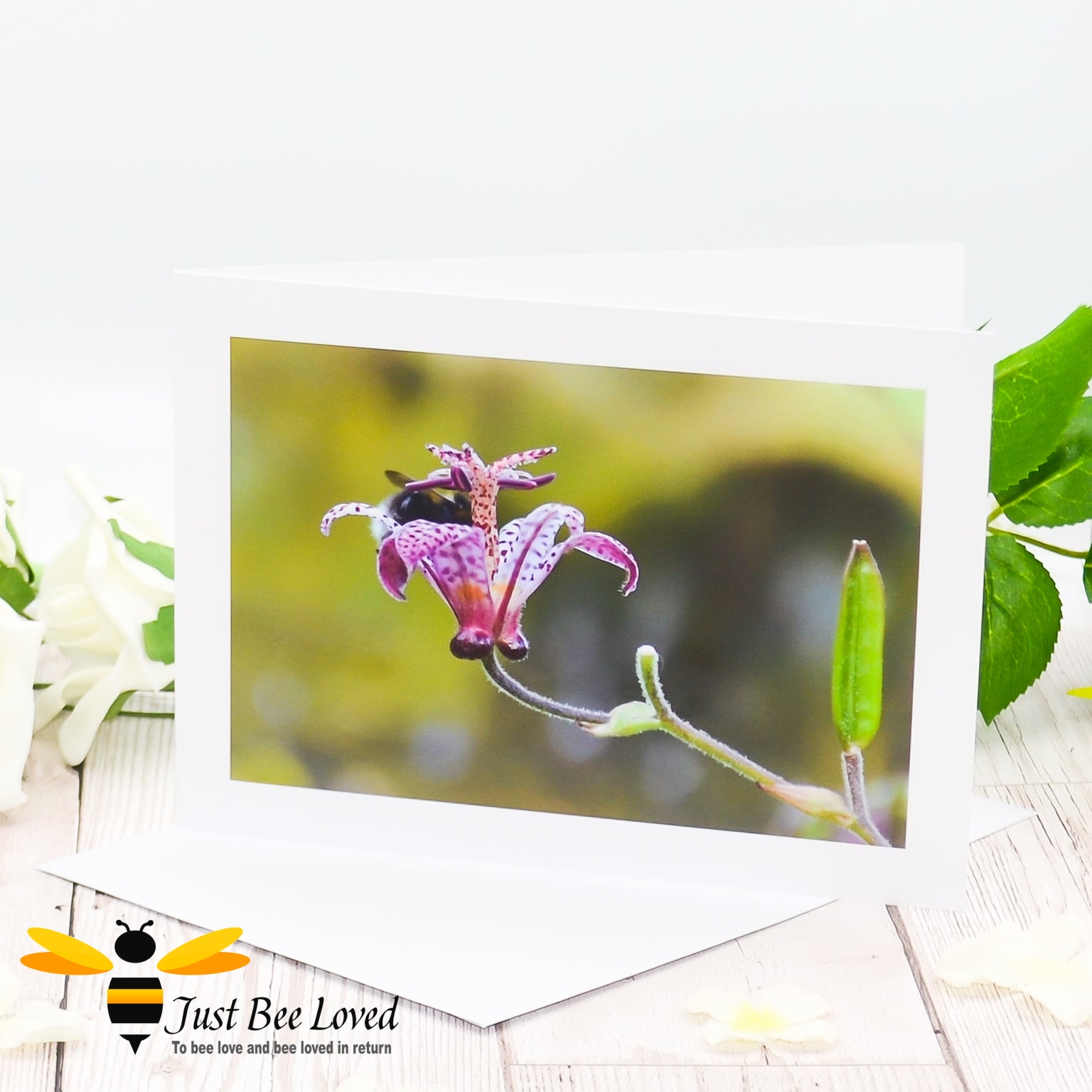 A greeting card featuring an image of a bumblebee deep inside a flower cup.