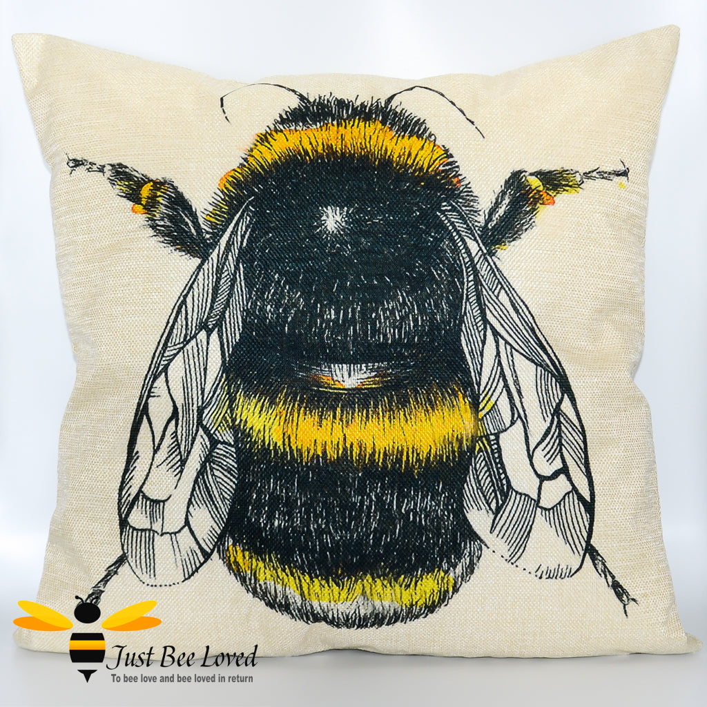 A cushion with a printed image of a bumblebee on a beige background.