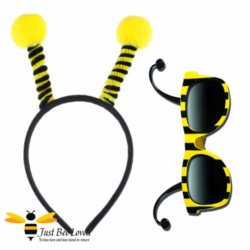 Bumblebee Antennae headband featuring fluffy yellow & black stripe antennae with matching yellow & black antennae sunglasses