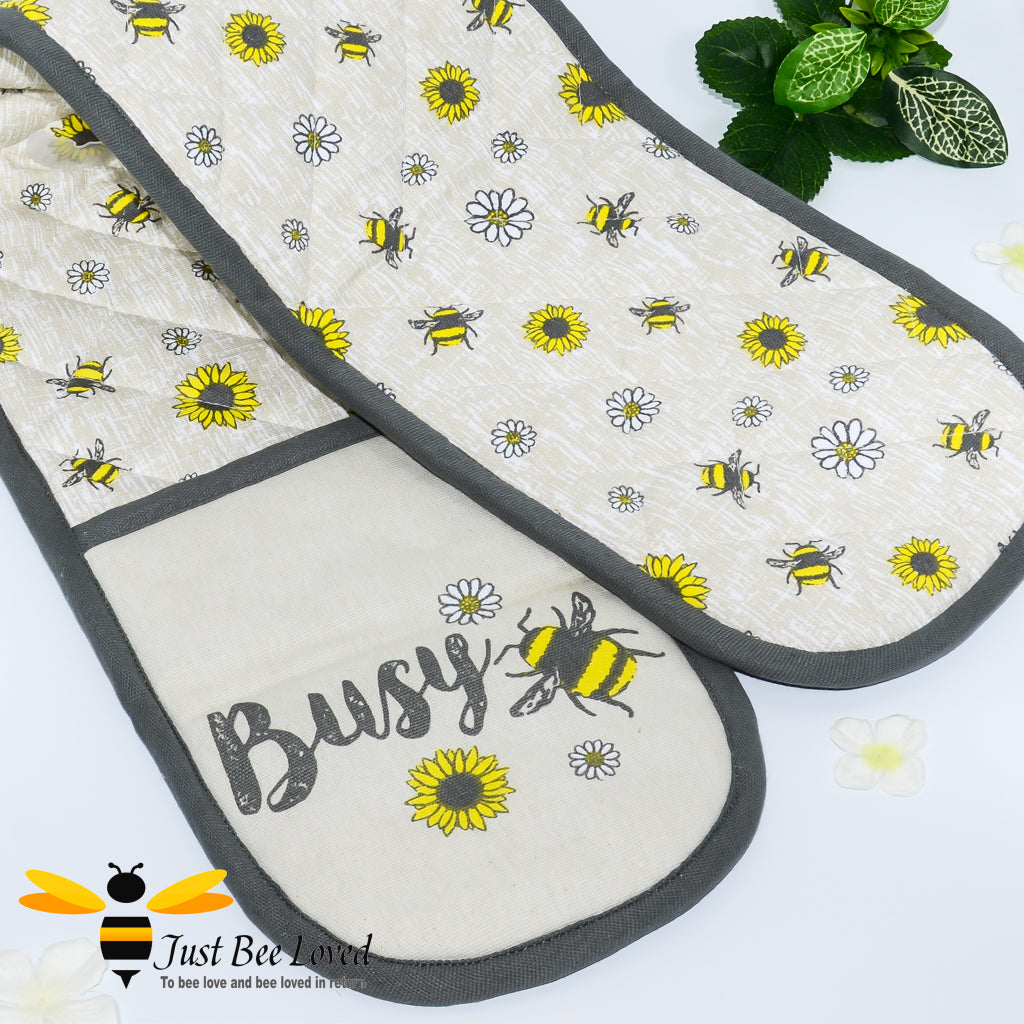double oven pot holder glove in natural beige featuring an all over bumblebees and daisies design.