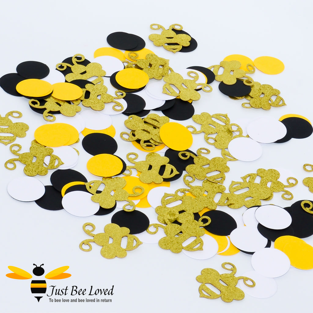 Bumblebee confetti with yellow white and black discs and gold glitter bees