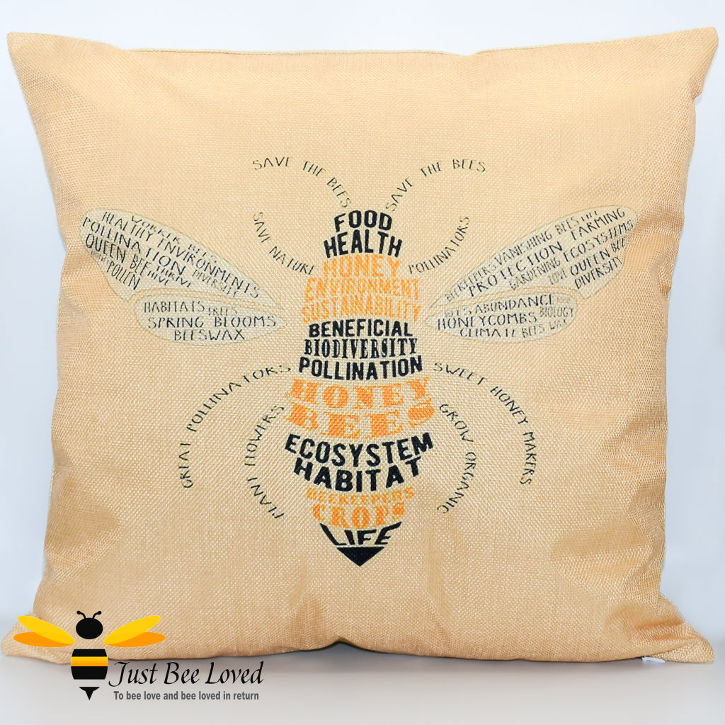 light orange scatter cushion featuring a calligram art image of a honey bee - with ecosystem and nature statements such as "save the bees, save nature".