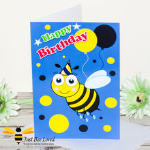 Load image into Gallery viewer, a birthday greeting bee card for young boy featuring cartoon bee with a party hat and yellow and black balloons on a blue background.
