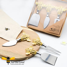 Load image into Gallery viewer, 3 piece stainless steel cheese knife set with brass bee handles