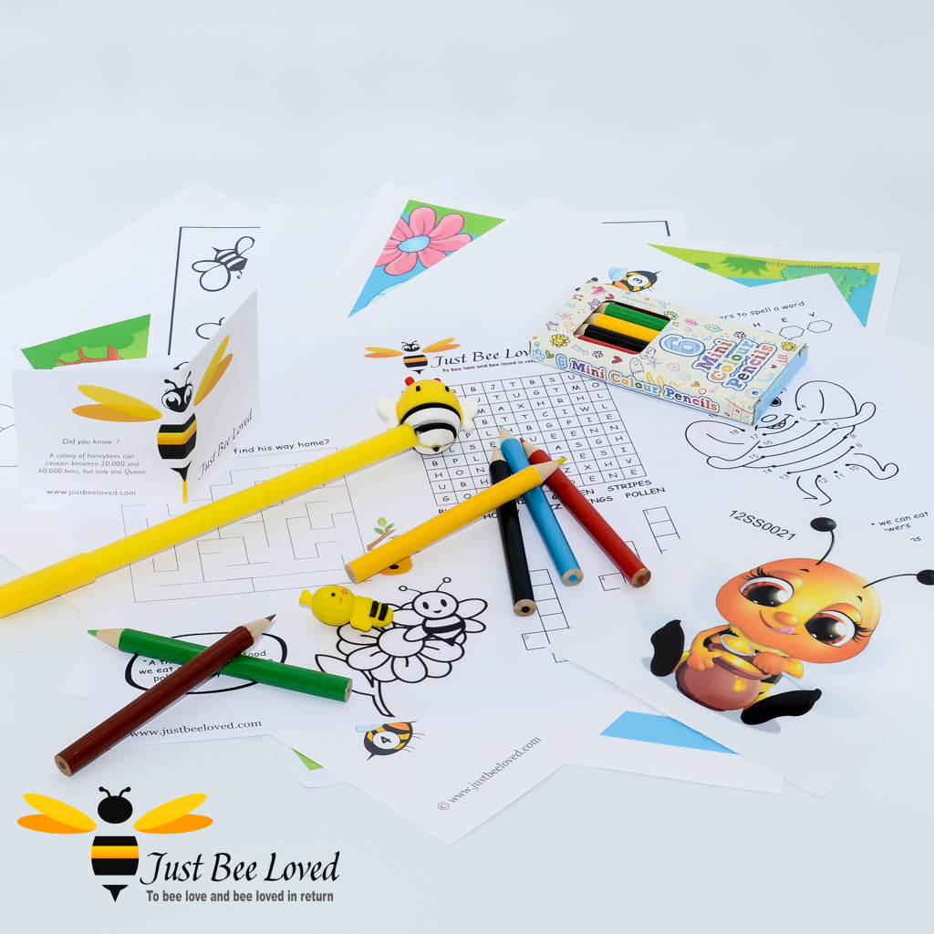 Just Bee Loved Children's Activities bee Pack featuring activities sheets, colouring pencils, bee rubber, bee wall sticker, pen.