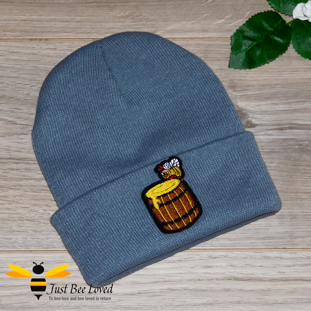 Kids grey rimmed beanie hat with honey bee