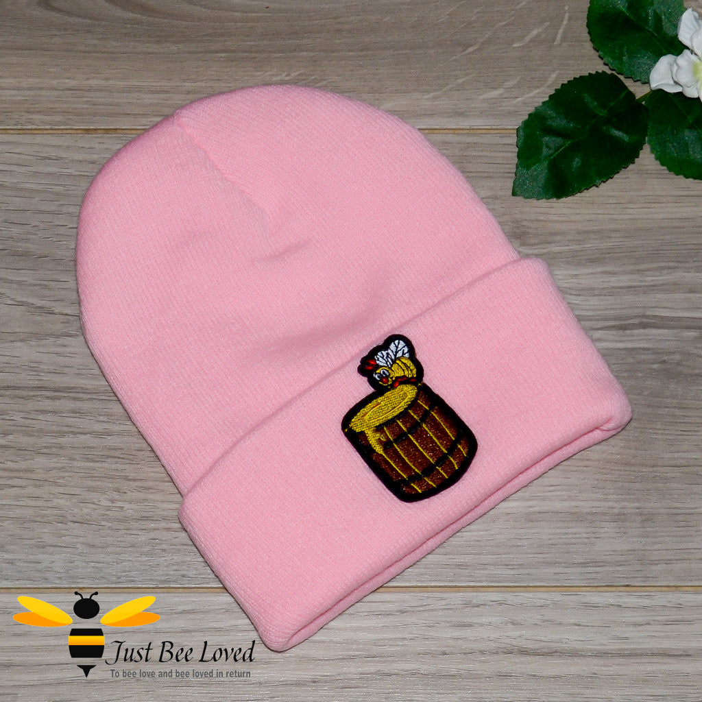 Kids pink rimmed beanie hat with honeybee