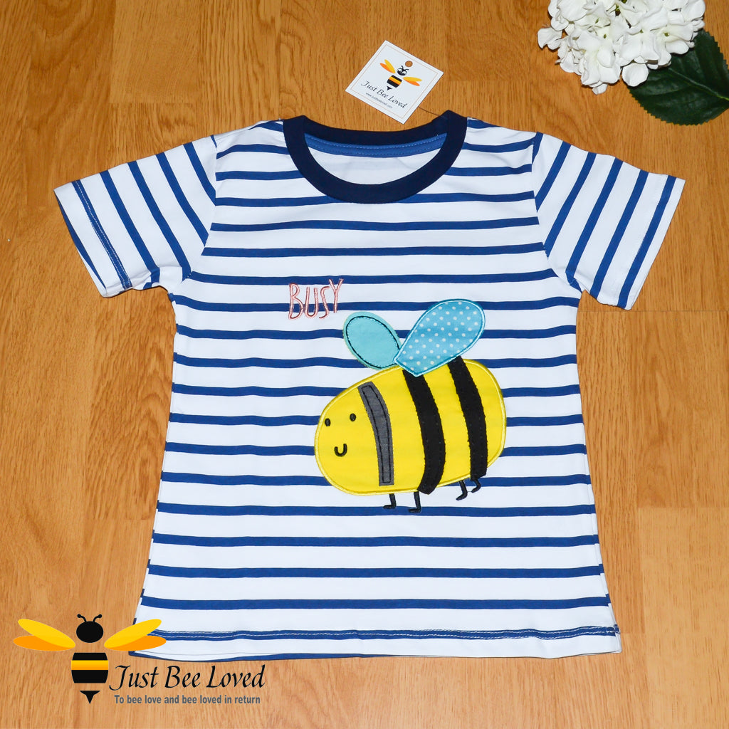 Blue and white striped T-shirt featuring a cute applique bumble bee with the word 