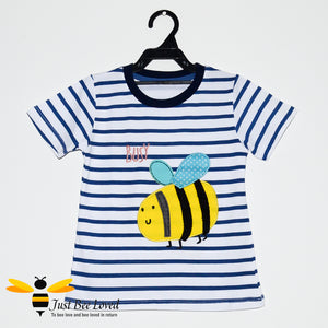 Blue and white striped T-shirt featuring a cute applique bumble bee with the word "busy"