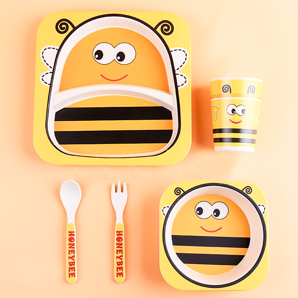 Children's 5 Piece Honey Bee Bamboo Dinner Tableware Set in Yellow