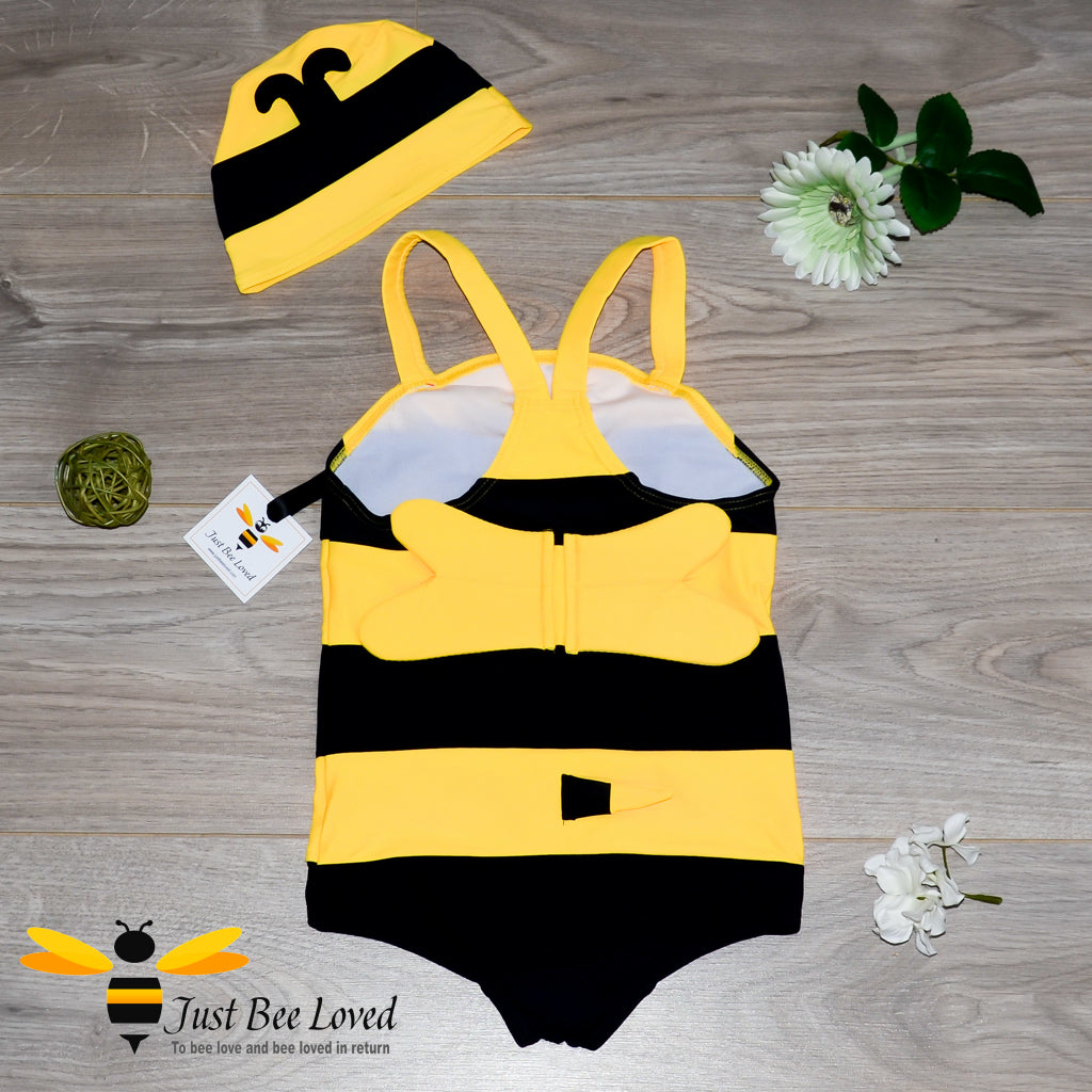  bumblebee character swimsuit set features a yellow & black striped one-piece suit with matching hat. 