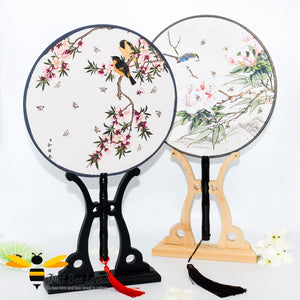 Hand painted vintage Chinese round hand fan on display stand decorated with bees birds and flowers