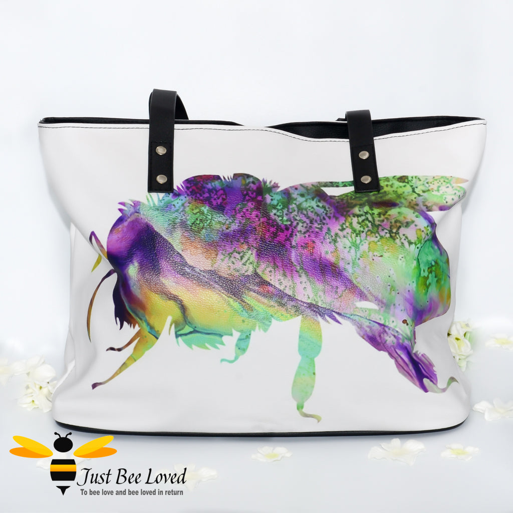 Large white shoulder tote bag featuring a full frontal & back psychedelic bee