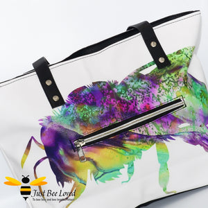 Large white shoulder tote bag featuring a full frontal & back psychedelic bee
