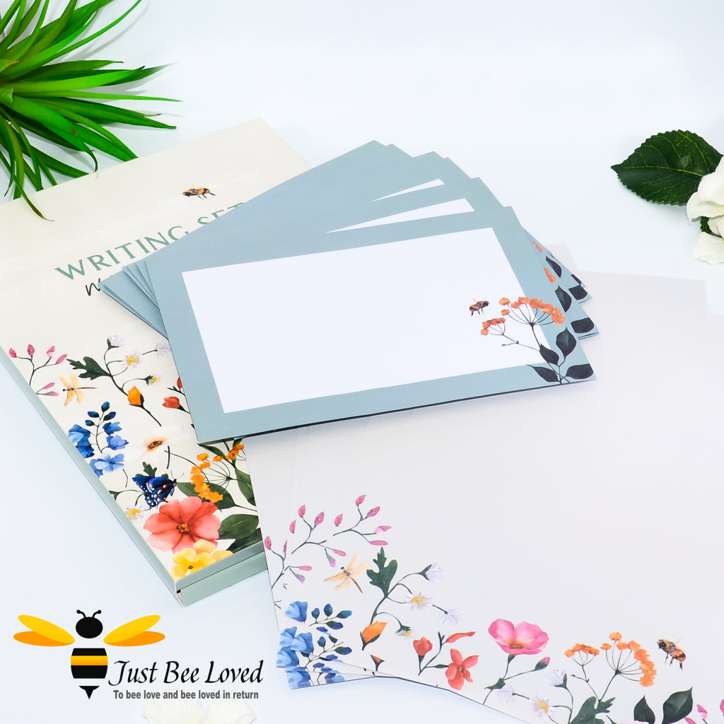 writing gift set featuring bee and wildflowers illustrations