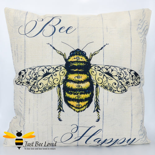 Cream coloured scatter cushion featuring a bumblebee with navy 