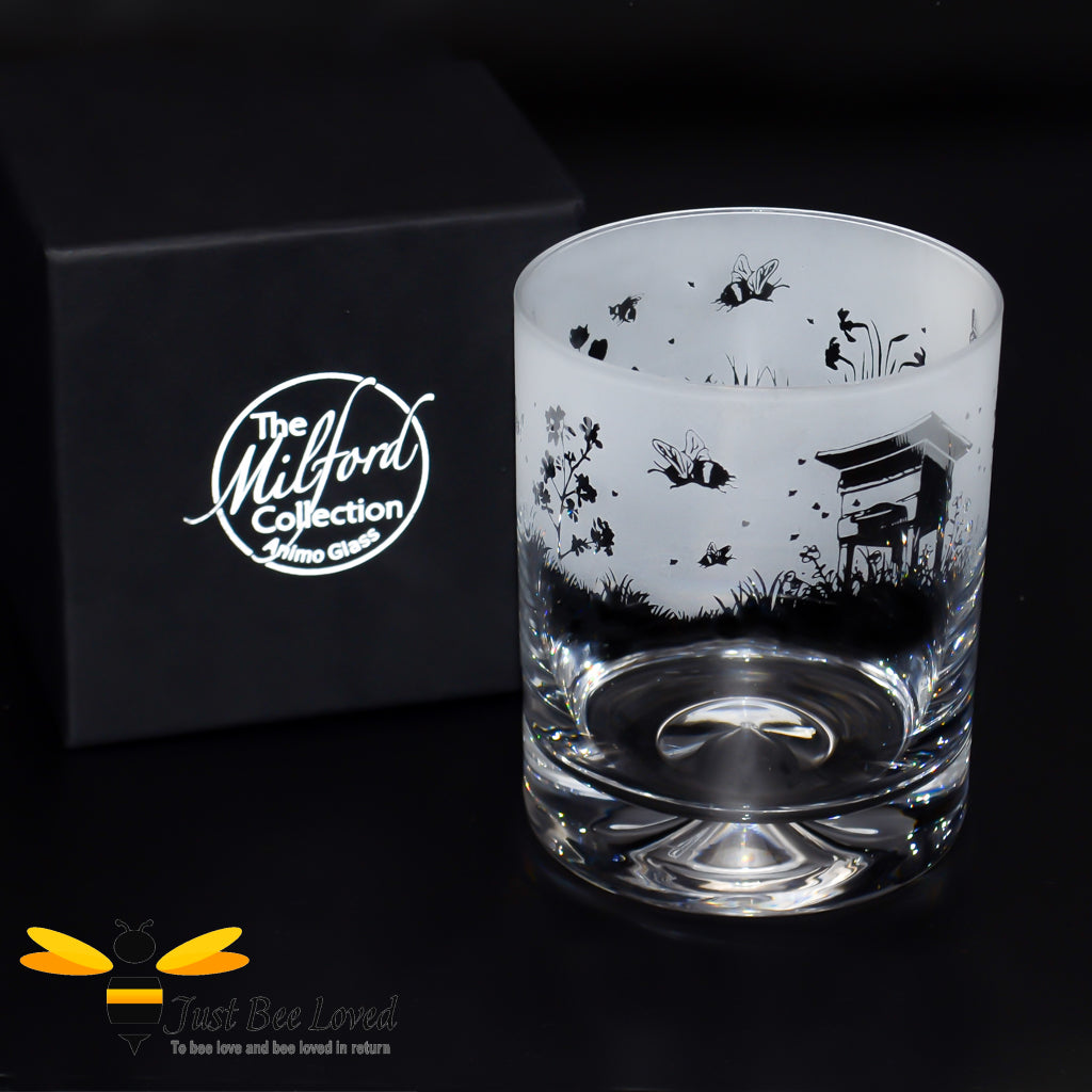 Milford frosted tumbler whiskey glass with bees, flowers and beehive design.
