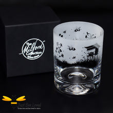 Load image into Gallery viewer, whiskey tumbler glass decorated with etched bumble bees, field of flowers and beehive. Milford Glassware collection