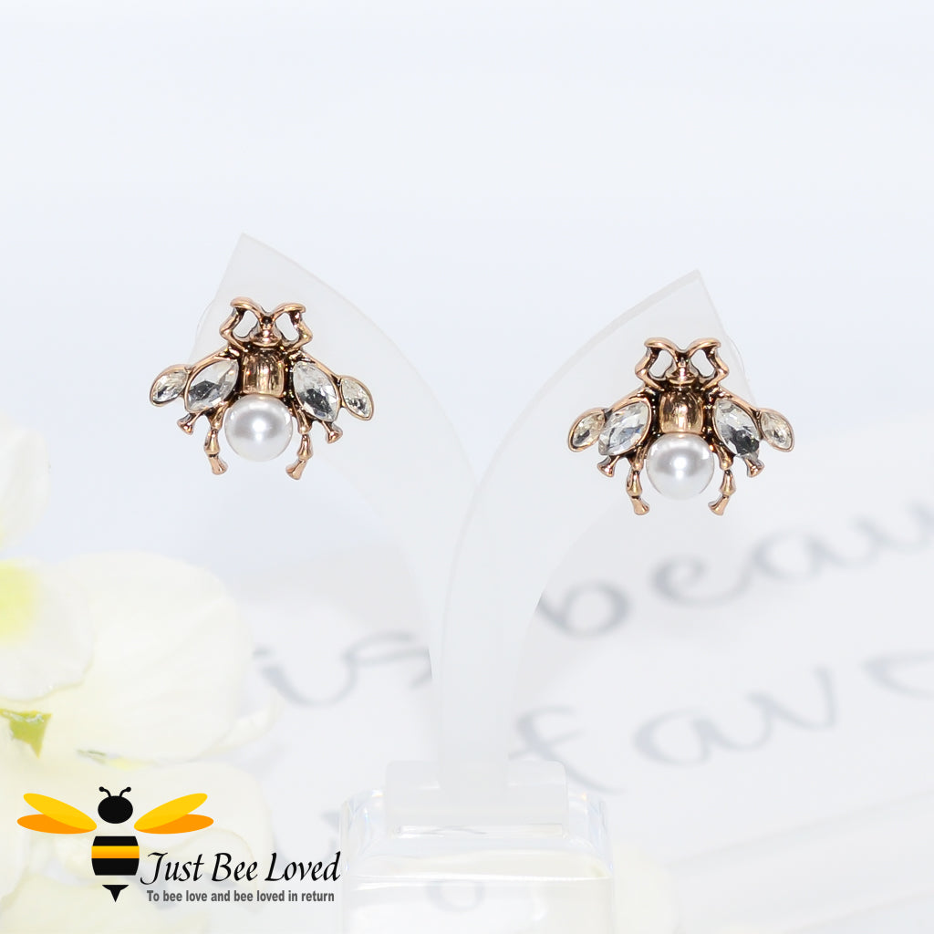 Vintage Crystal Bee Faux Pearl Stud Earrings 