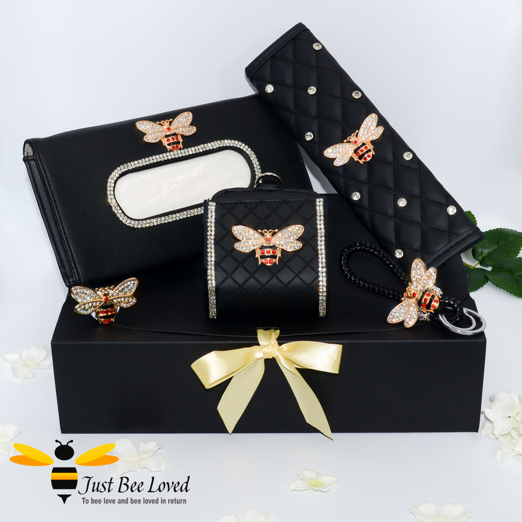 crystal bee 5 piece car bling accessories gift set, including visor tissue holder, seat belt cover, mobile storage holder, air freshener and key ring. 