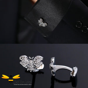 silver bee shaped cufflinks detailed with white & black crystals