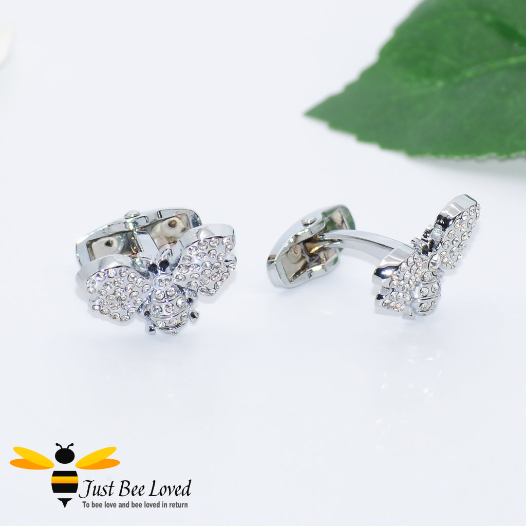 silver bee shaped cufflinks detailed with white & black crystals
