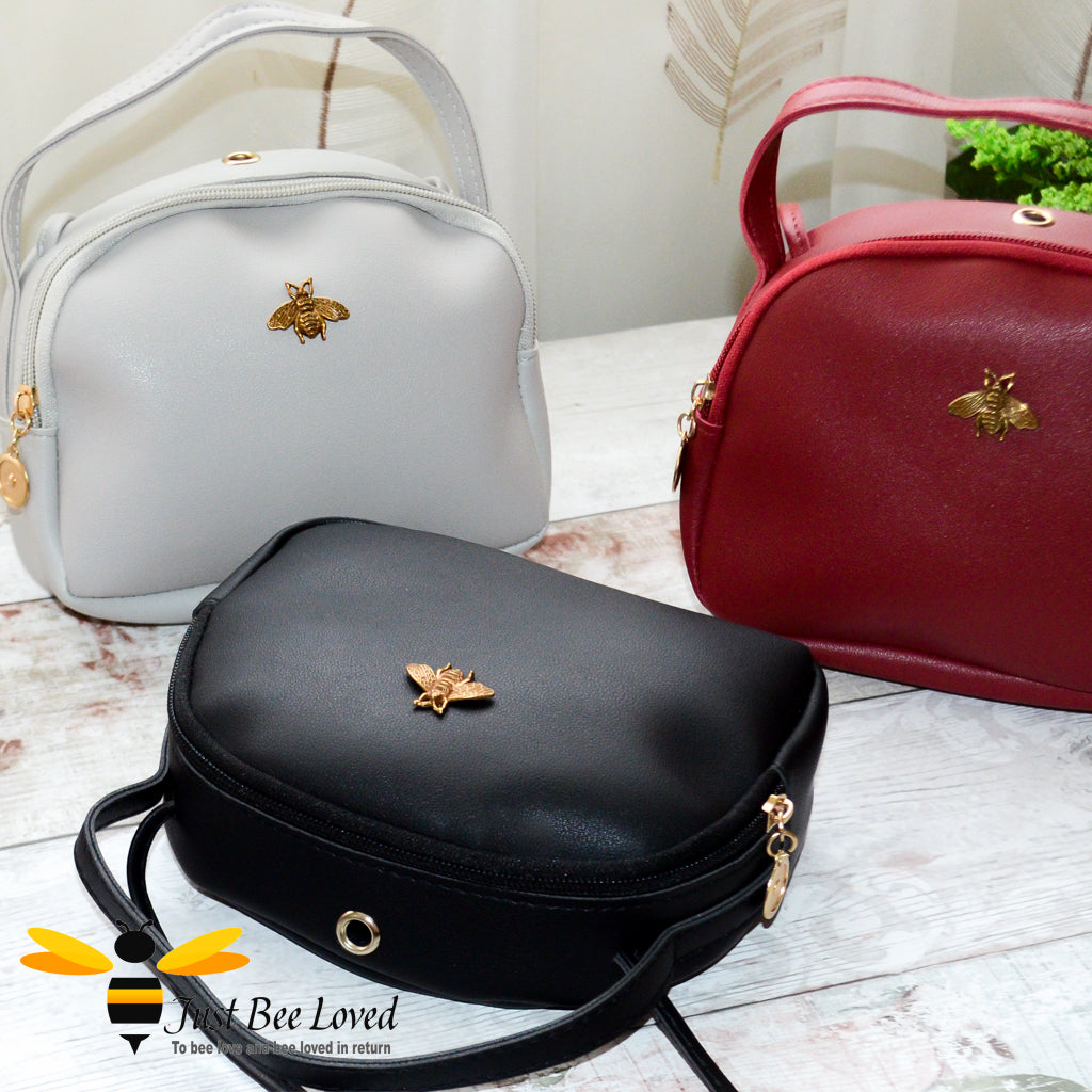 Just Bee Loved Small PU Leather cross body handbag with gold bee embellishment available in four colours, black, burgundy, grey, pink