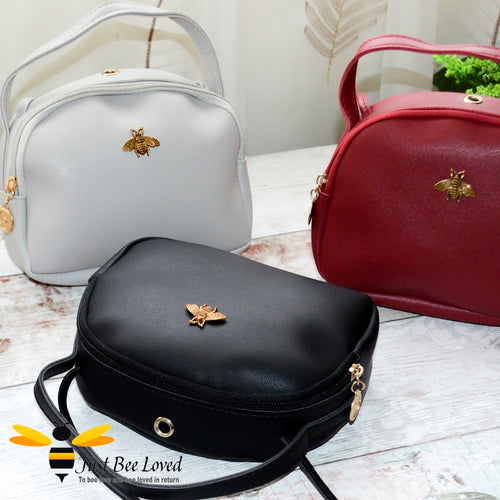 Just Bee Loved Small PU Leather cross body handbag with gold bee embellishment available in four colours, black, burgundy, grey, pink