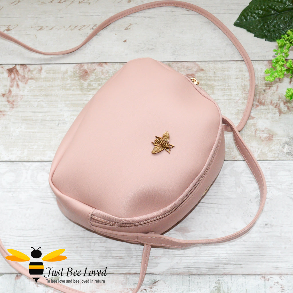 Just Bee Loved Small PU Leather cross body handbag with gold bee embellishment available in four colours, black, burgundy, grey, pink