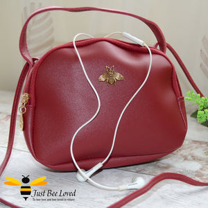 Just Bee Loved Small PU Leather cross body handbag with gold bee embellishment available in four colours, black, burgundy, grey, pink