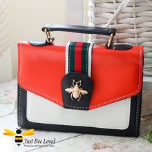 Load image into Gallery viewer, Just Bee Loved Trendy PU Leather Crossbody Handbags featuring flap over with ribbon and gold bee embellishment in red