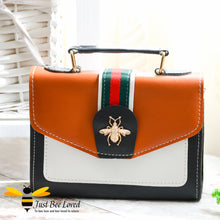 Load image into Gallery viewer, Just Bee Loved Trendy PU Leather Crossbody Handbags featuring flap over with ribbon and gold bee embellishment in 5 colours