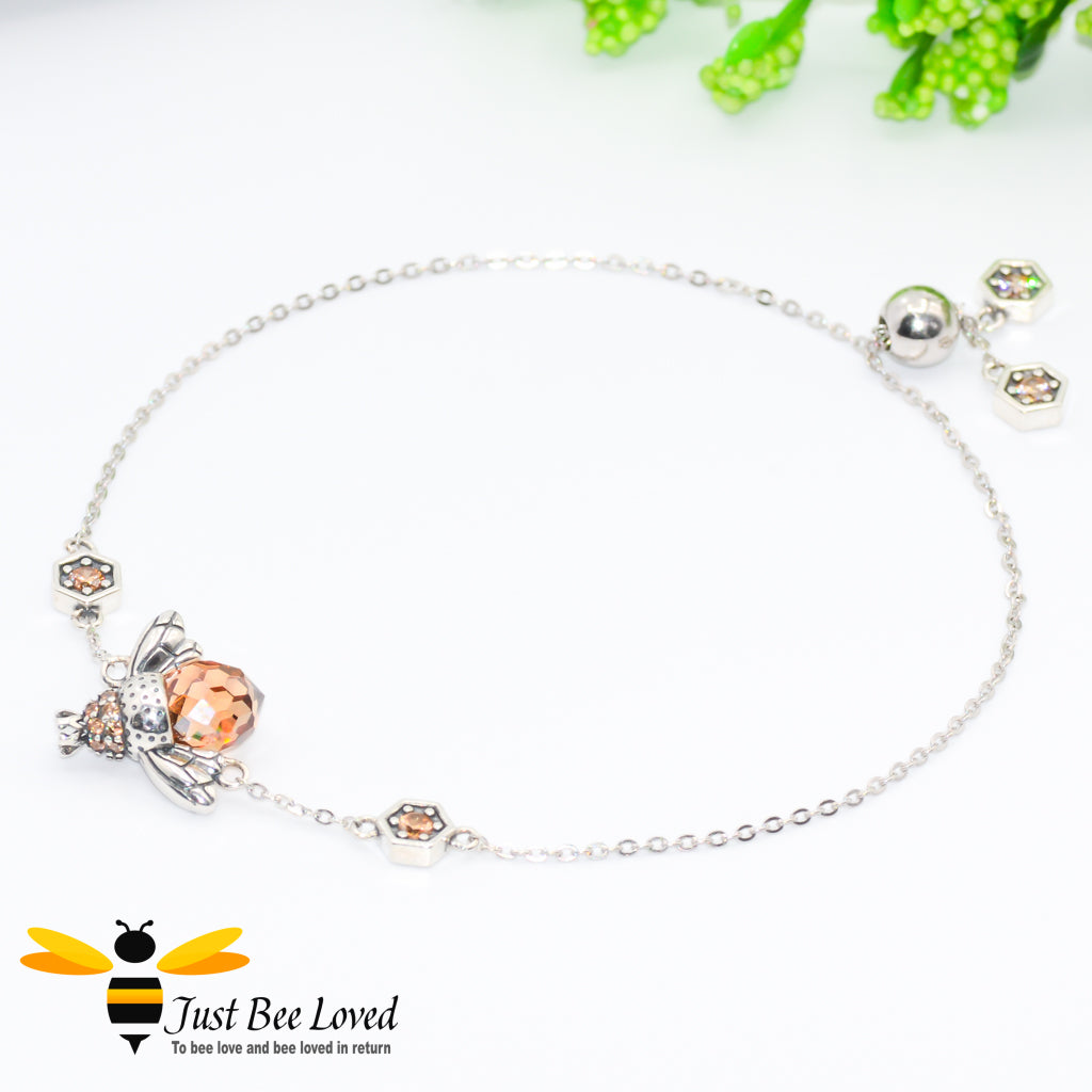 Sterling silver Queen Honey Bee sliding bracelet with hexagon cubic zircon crystals