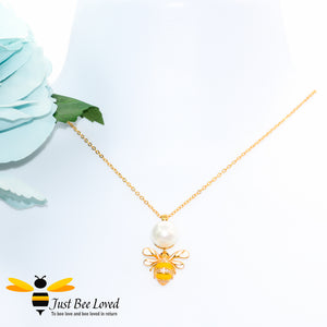 Sterling Silver 925 Freshwater Pearl and Bee Necklace with mother of pearl wings and white zircon. Gold plated