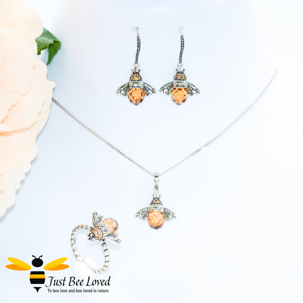 Sterling Silver Queen Honey Bee 3-piece jewellery set featuring bee earrings, ring and necklace.