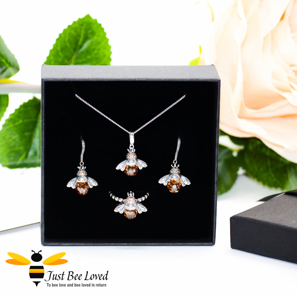 Sterling Silver 925 Queen Honey Bee 3-piece jewellery set featuring bee earrings, ring and necklace.