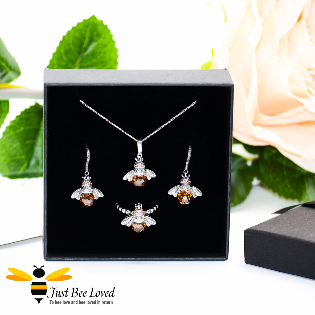 Sterling Silver 925 Queen Honey Bee 3-piece jewellery set featuring earrings, ring an necklace