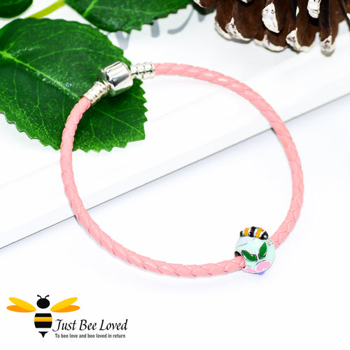 Sterling Silver 925 leather bracelet with sterling silver enamelled bee & flower charm bead