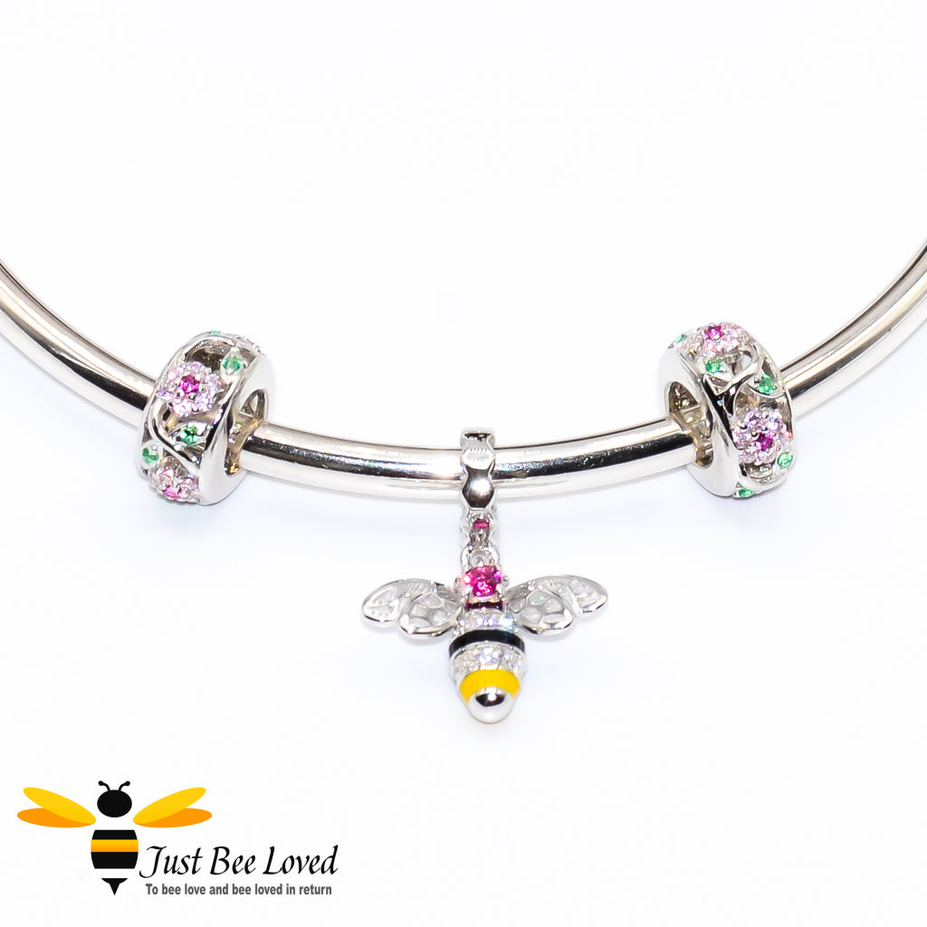 Sterling Silver 925 Bangle with two rose crystal charms and sterling silver bee charm
