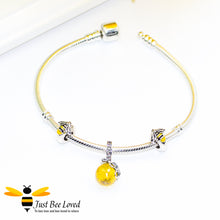 Load image into Gallery viewer, Sterling Silver 925 snake charm bracelet with two enamelled bee charms and honeycomb crystal ball pendant