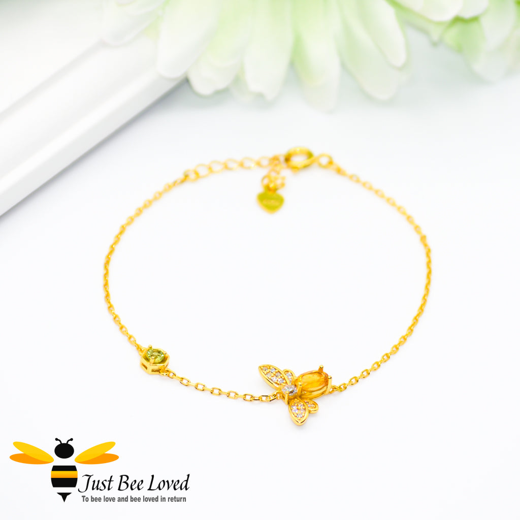 Sterling silver 1 carat Oval Citrine Bee Bracelet with peridot honeycomb 14k gold plated