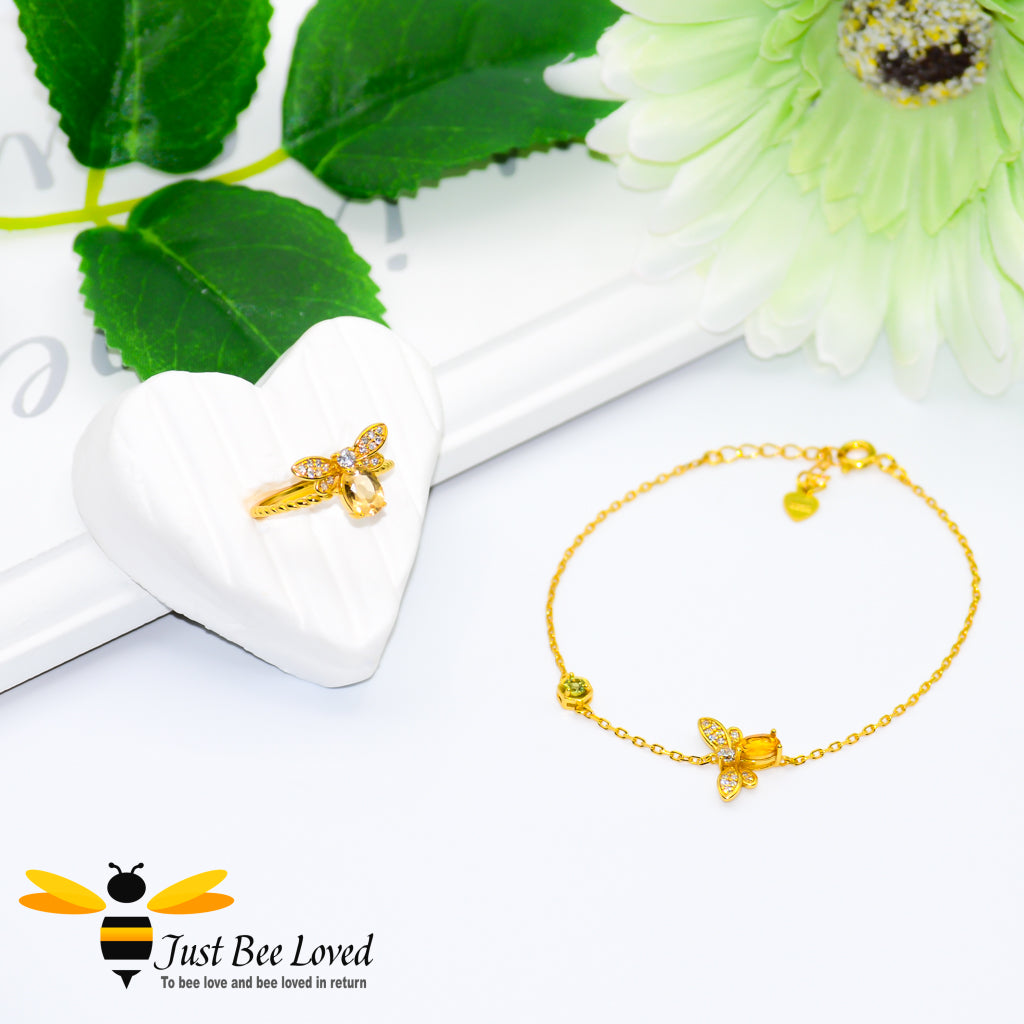 Sterling silver 14k Gold plated bee ring and matching bracelet featuring an Oval Citrine gemstone and diamond like cubic zircon crystals.