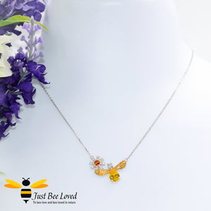 Sterling Silver 925 Bee & Daisy Pendant Necklace inlaid with orange and white cubic zircon crystals