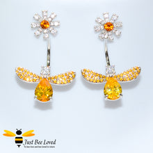 Load image into Gallery viewer, Sterling Silver 925 Bee &amp; Daisy white and orange cubic zirconia crystal drop earrings