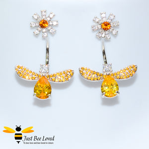 Sterling Silver 925 Bee & Daisy white and orange cubic zirconia crystal drop earrings