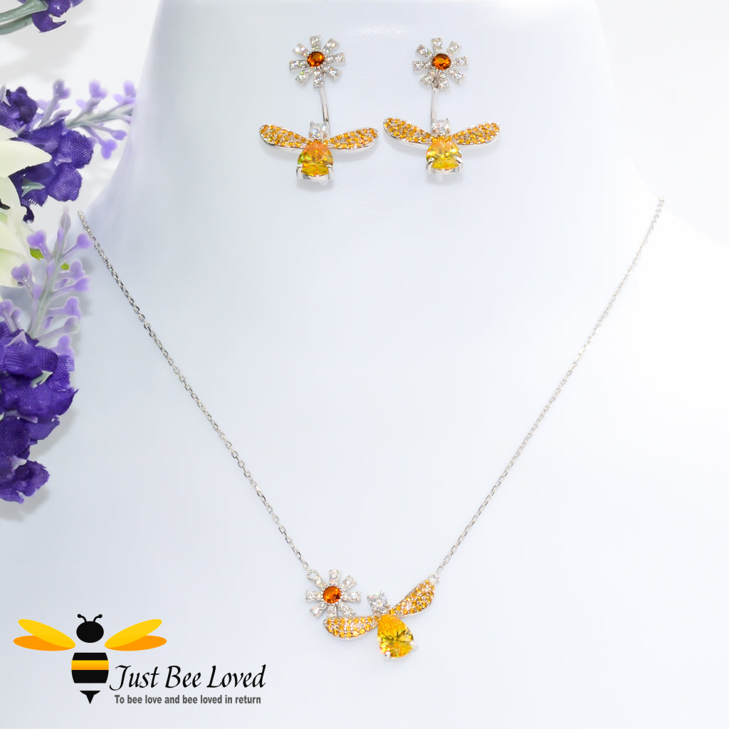 Sterling Silver 925 Bee & Daisy amber crystals 3-piece Jewellery Set