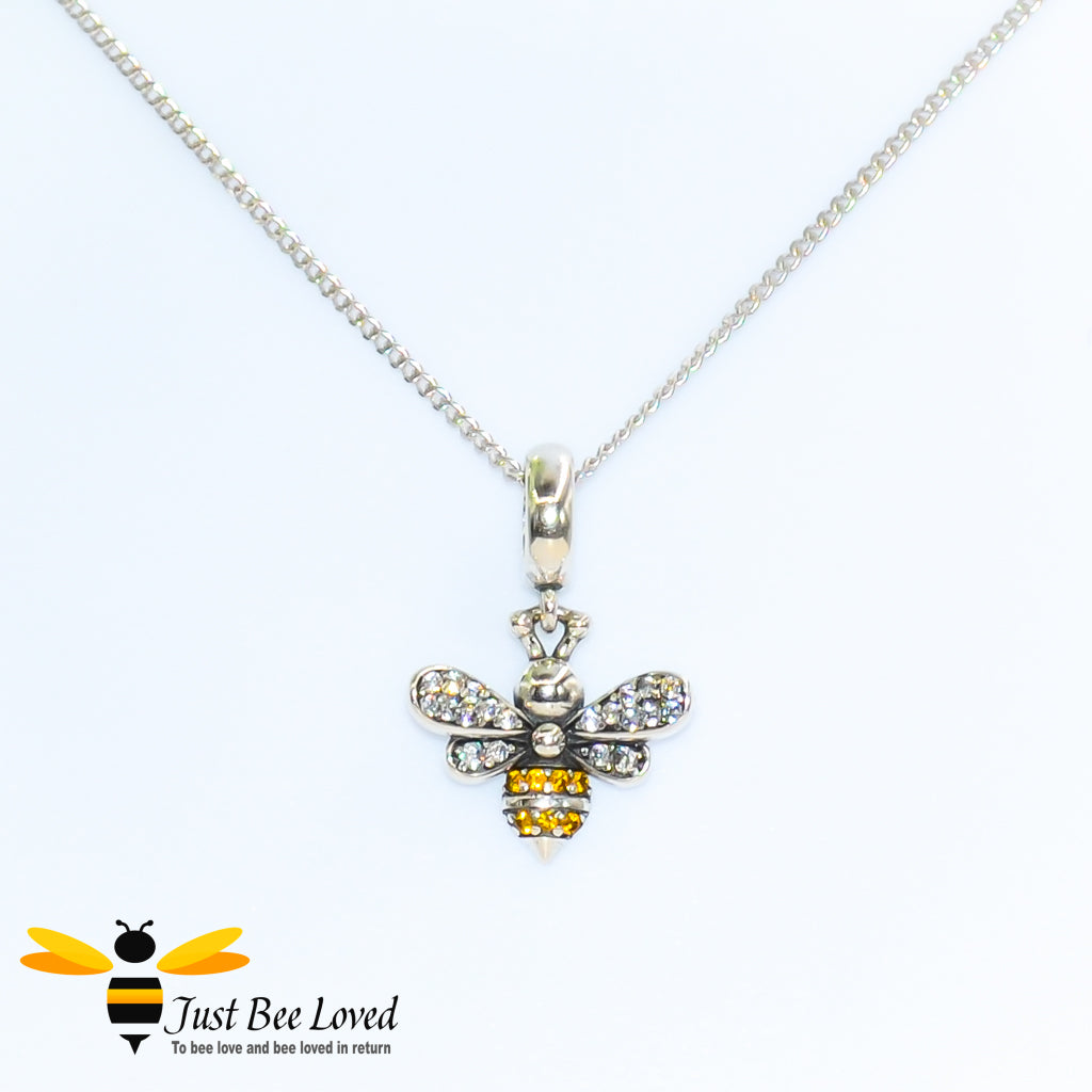 Sterling Silver 925 Necklace with bee pendant encrusted with white and orange zirconia crystals